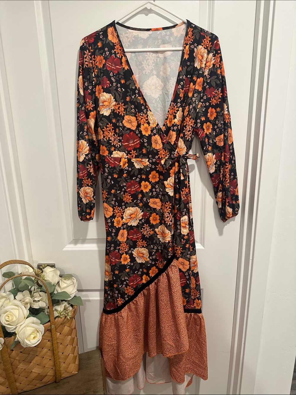 Floral Wrap Midi Dress in Black and Rust
